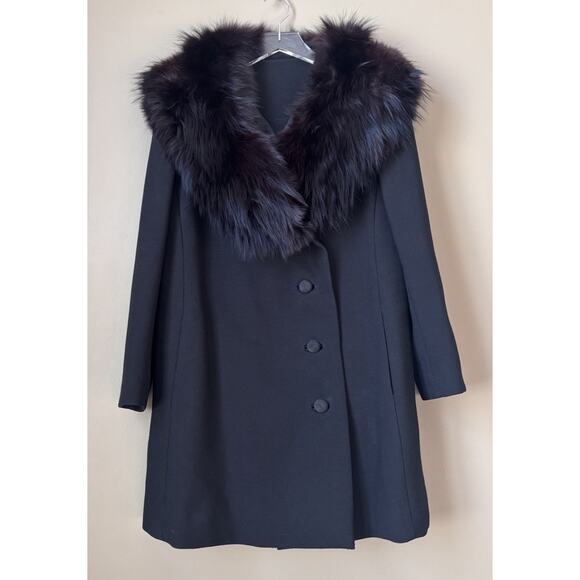 Vintage Union Made Black Wool Over Coat Dramatic Fur Collar CBK Style Tailored - Picture 3 of 16